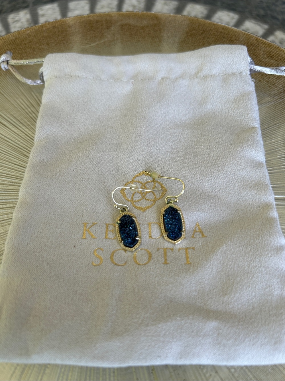 Kendra Scott Lee Navy Blue Druzy Gold Drop Earrings
